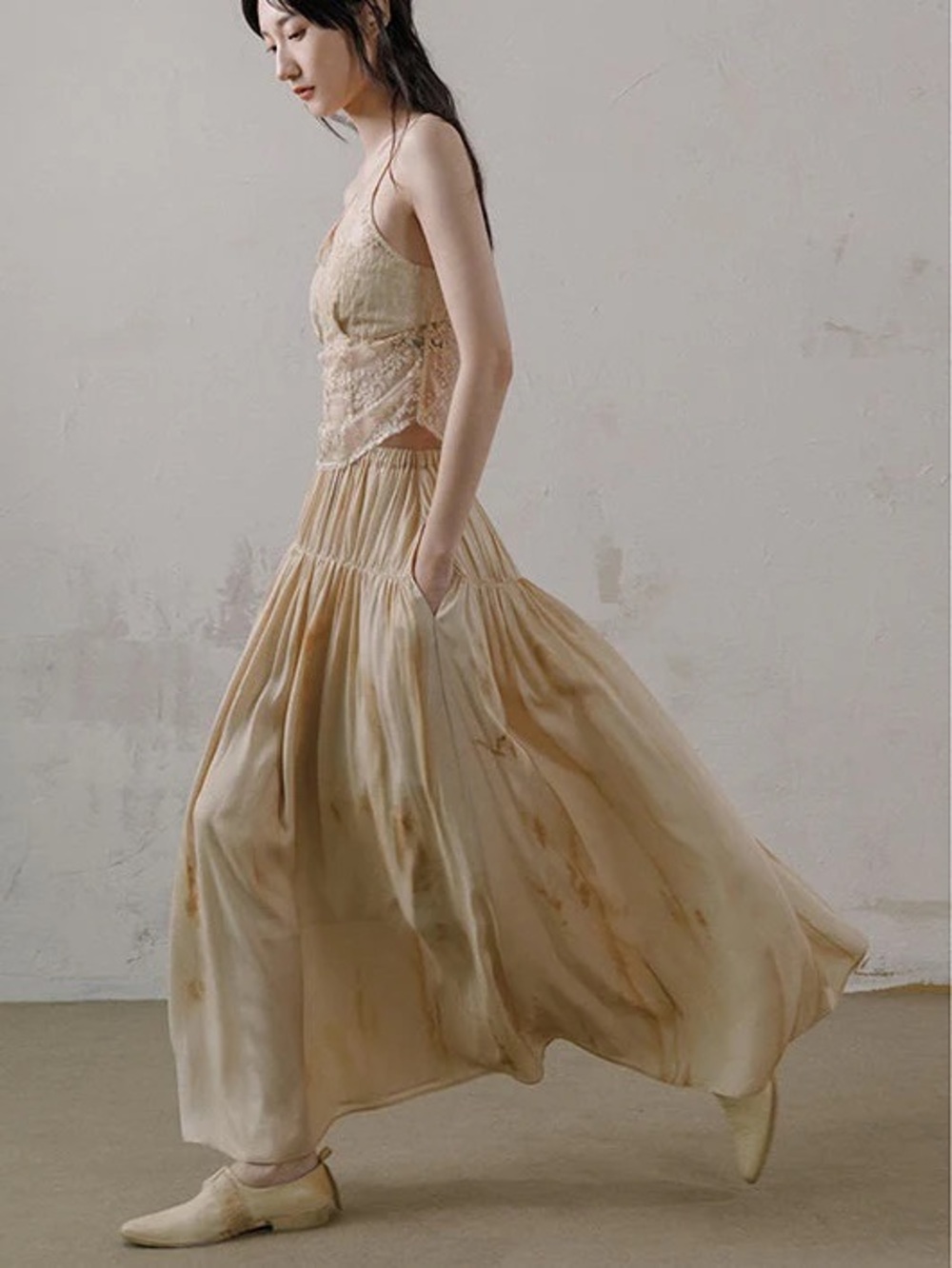 Flowing Cream Maxi Skirt — Lightweight Tiered Women's Skirt